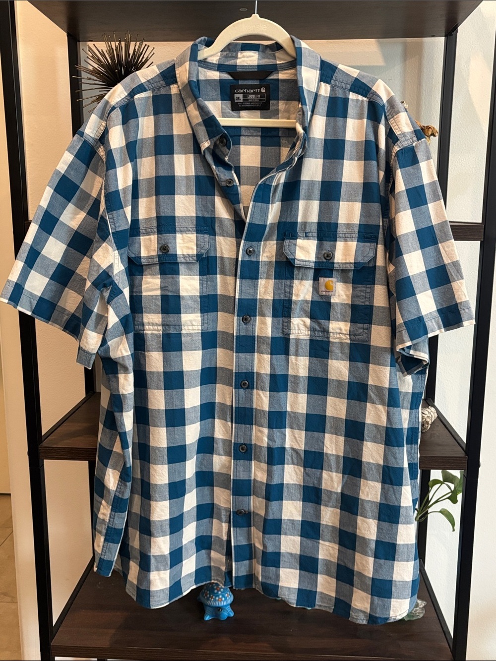 Carhartt Blue & White Plaid Loose Fit Short-Sleeve Button-Up Shirt 3XL